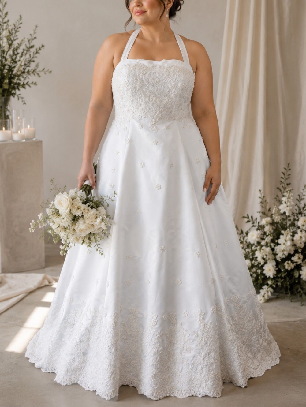 Alfred Angelo Vintage 90s White Satin with floral embroidered lace size 16